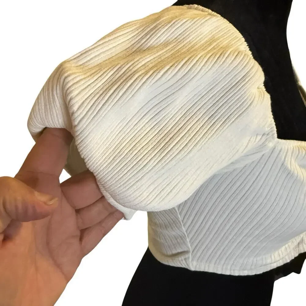 ZARA Ribbed Puff Sleeve Crop Top Ruched Front White M Romantic Cottagecore Y2K